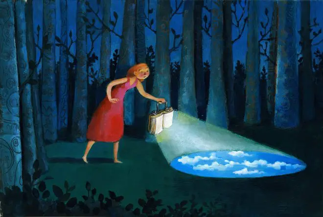 Girl using book light in dark woods