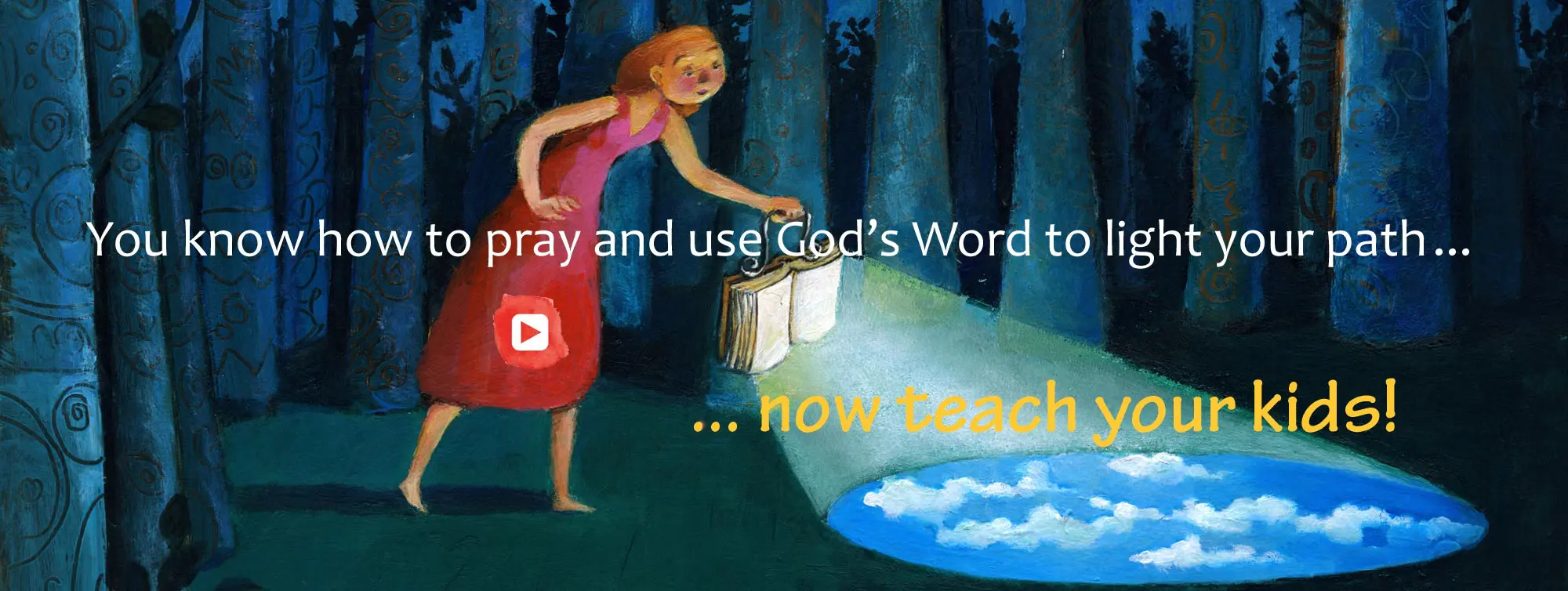 A girl in a red dress holding a lantern near a glowing pool in a forest.