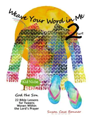 Colorful knitted sweater and flip-flops with text 'Weave Your Word in Me 2'.