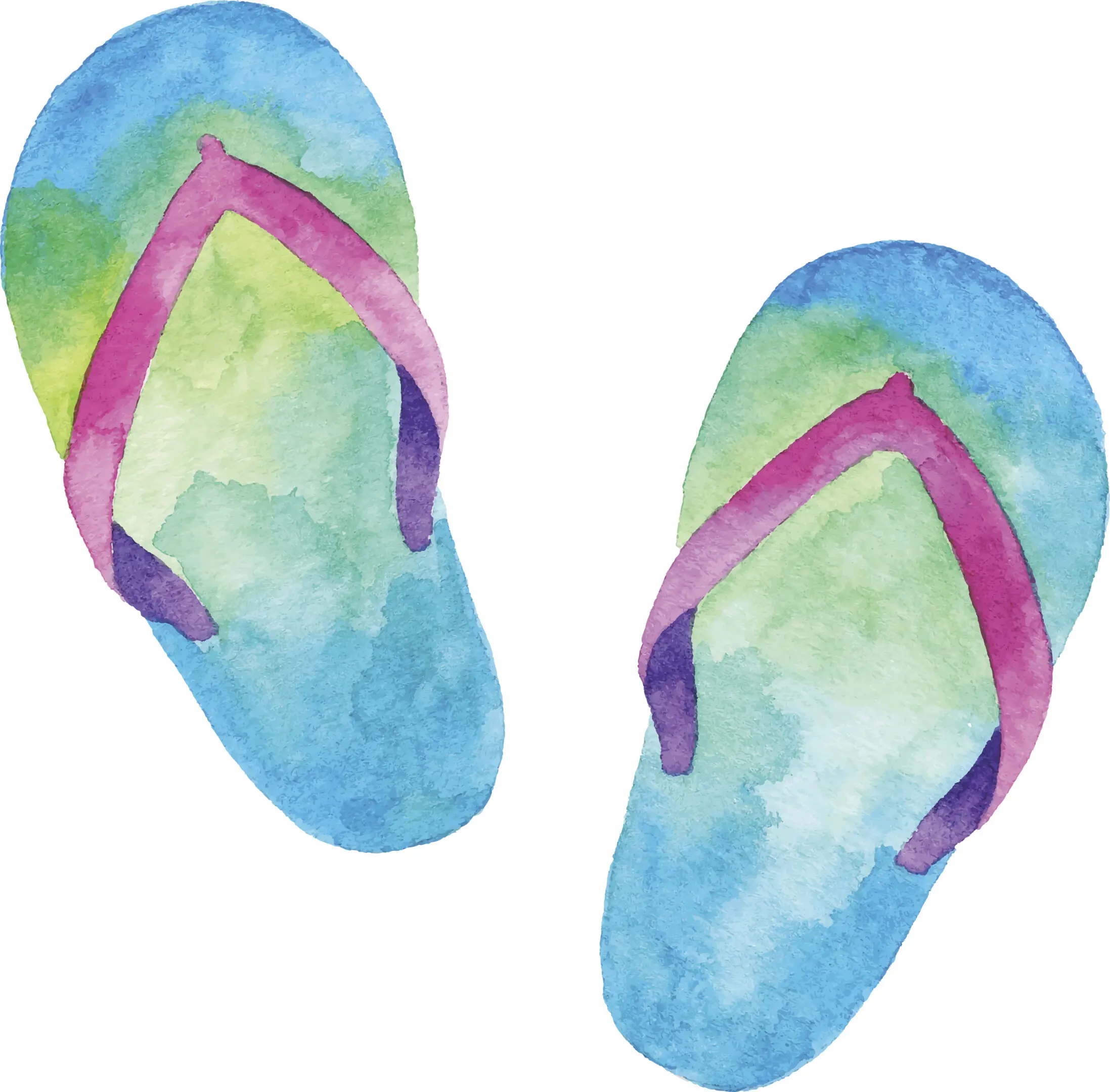Pair of colorful flip-flops with blue and green hues and purple straps.